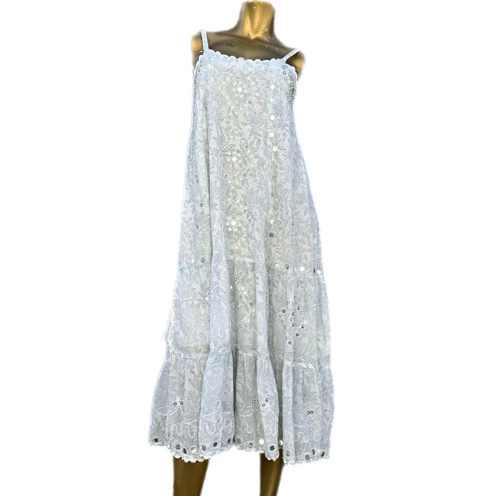 Juliet Dunn London Indian cotton Silver sequin Embroidered Boho Midi Dress, 1